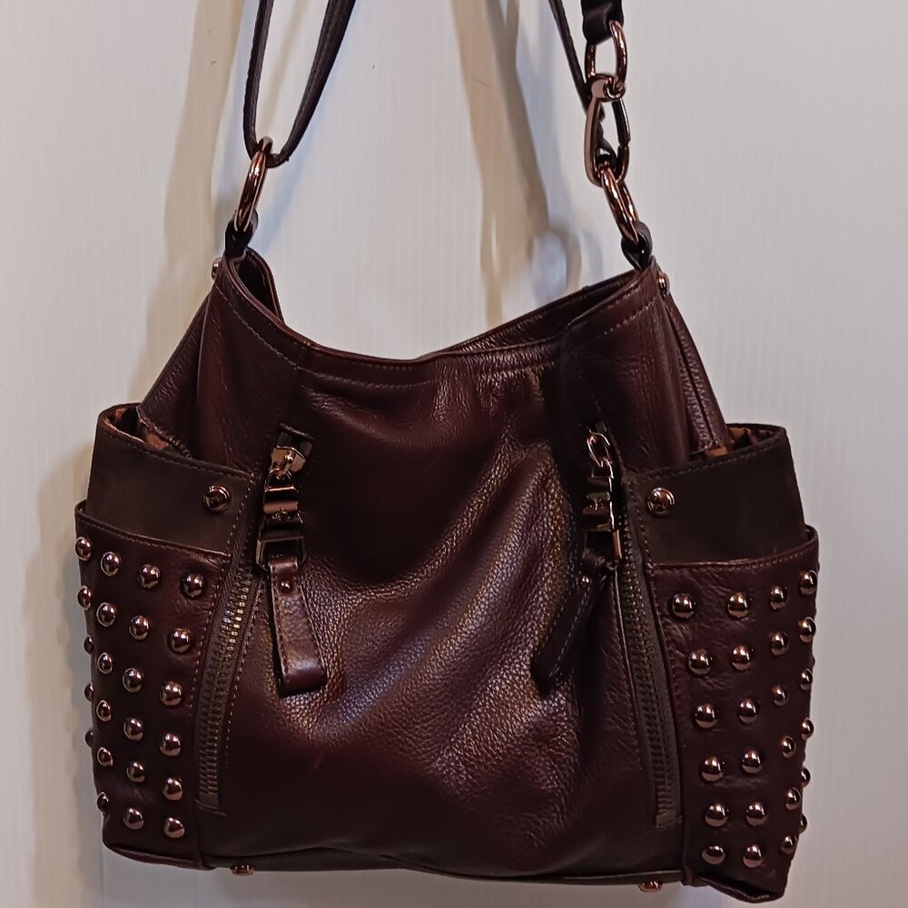 B_Makowsky Burgundy Studded Leather Handbag